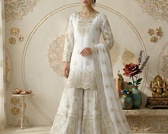 White Georgette Palazzo Salwar Suit: Embroidered Pakistani Wedding Ethnic Wear Sequence Work Dress