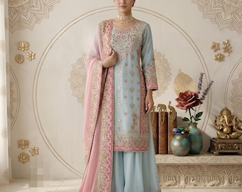 Blue Georgette Kurti Palazzo Suit: Party Wear Wedding Embroidered Sequence Work Indian Dress
