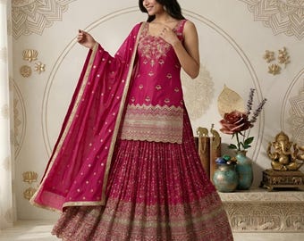 Conjunto de lehenga rosa sin mangas y kurti corto: vestido de fiesta punjabi de seda bordado para bodas indias.