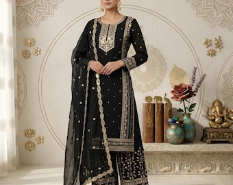 Zwarte Georgette Salwar Kameez Dupatta: Pakistaanse geborduurde etnische Punjabi bruiloft jurk feestkleding