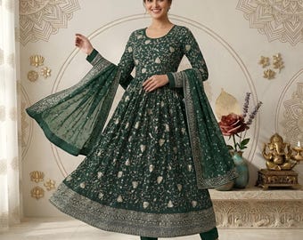 Green Pakistani Anarkali Suit Set: Sequins Embroidered Wedding Plus Size Long Sleeves Dress