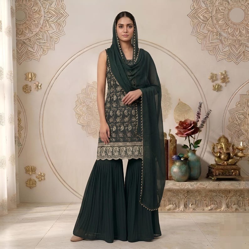 May include: A dark green sleeveless tunic featuring intricate gold floral embroidery and a wide scalloped hem, paired with matching dark green pleated wide-leg trousers and a coordinating sheer dark green dupatta draped over the head and shoulders.