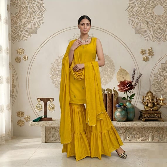 Yellow Ruffle Sharara Sleeveless Kurti Suit: Silk Indian Wedding Thread Work Punjabi Dress