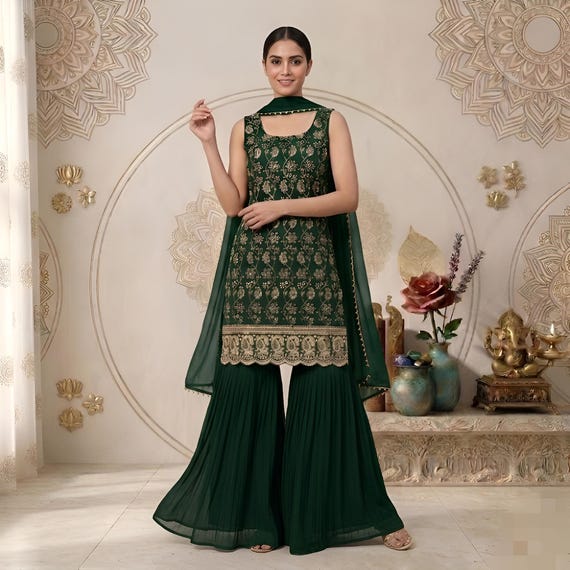 Green Sharara Sleeveless Kurti Suit: Pakistani Wedding Georgette Punjabi Salwar Kameez Embroidered Party Dress