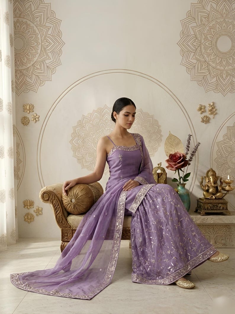 May include: A lavender-colored, embroidered Indian Sharara suit with a matching dupatta. The outfit features delicate silver embellishments and is worn with gold-colored footwear. The background includes decorative wall art and a seated figure of Ganesha.