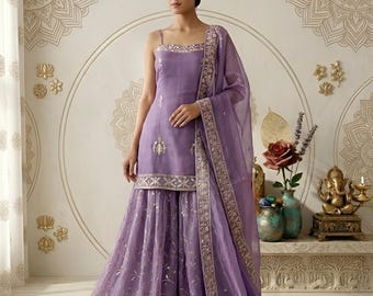 Conjunto de Kurti corto sin mangas con palazzo morado: Vestido pakistaní de fiesta bordado en organza para bodas