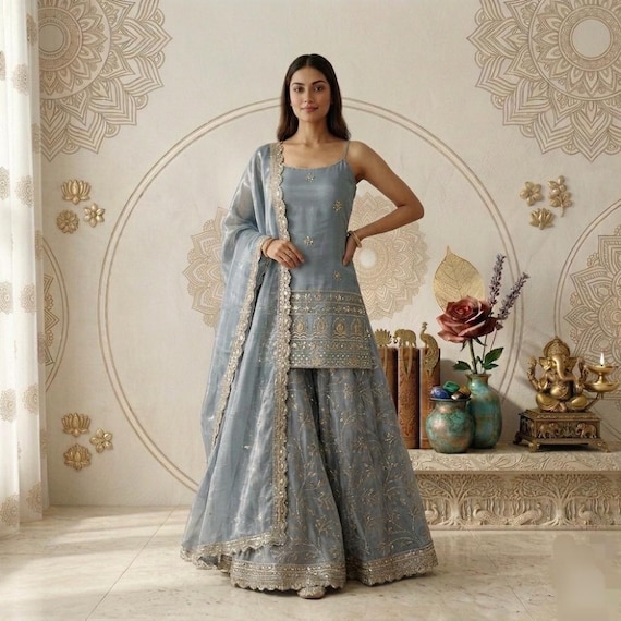Grey Palazzo Sleeveless Short Kurti Set: Embroidered Pakistani Salwar Suit Dupatta Party Wear