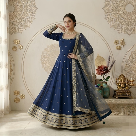 Navy Blue Anarkali Gown Set Georgette: Sequence Work Pakistani Long Salwar Kameez Women