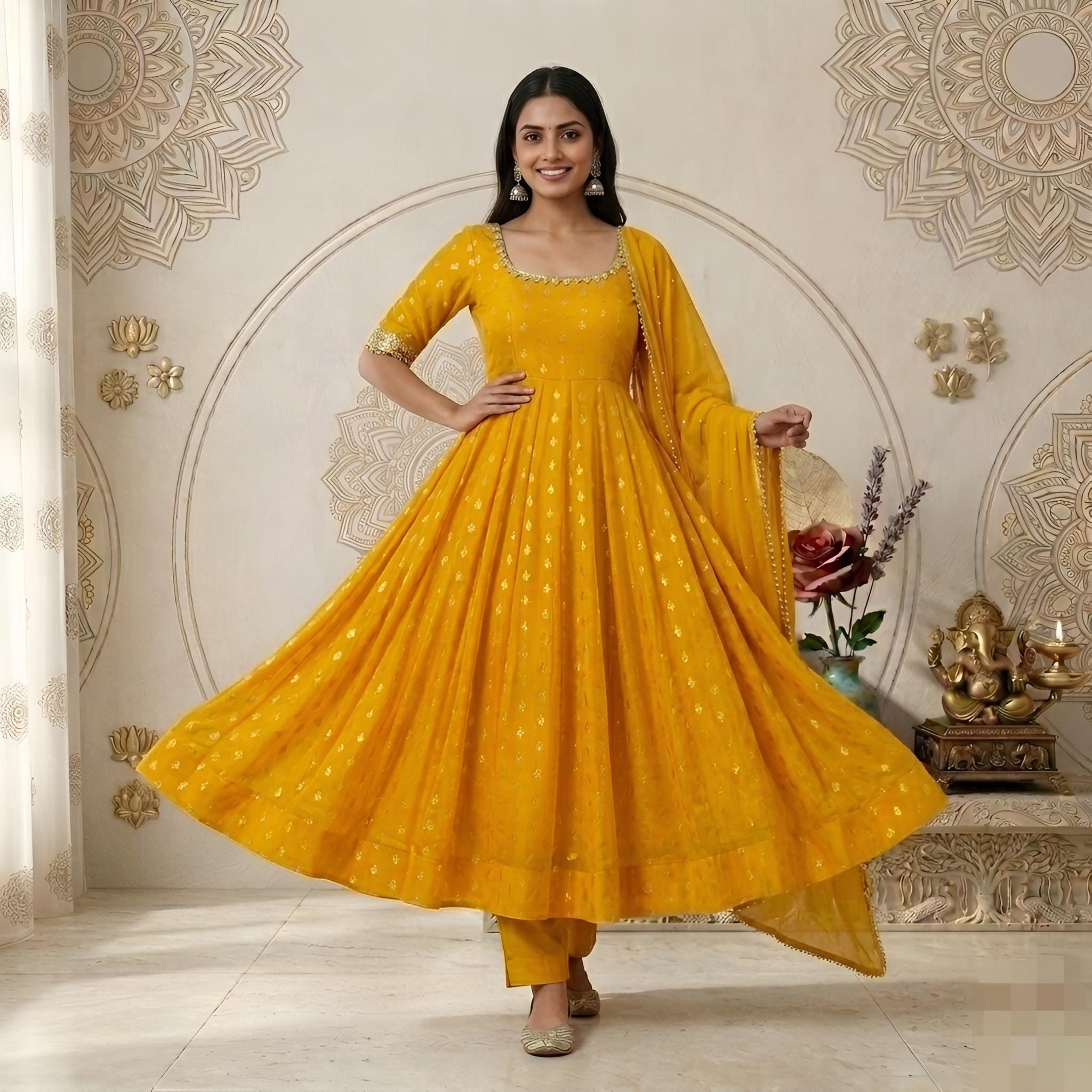 golden colour anarkali dress Yellow Short Sleeve Suit Set: Chanderi Jacquard Indian Wedding Punjabi Long sabyasachi golden anarkali suit