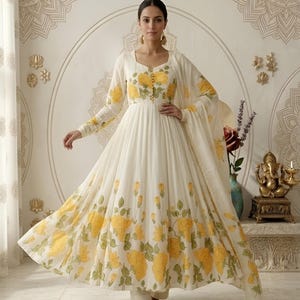 organza ethnic dresses Floral Print Organza Gown: Handmade Indian Wedding Outfit