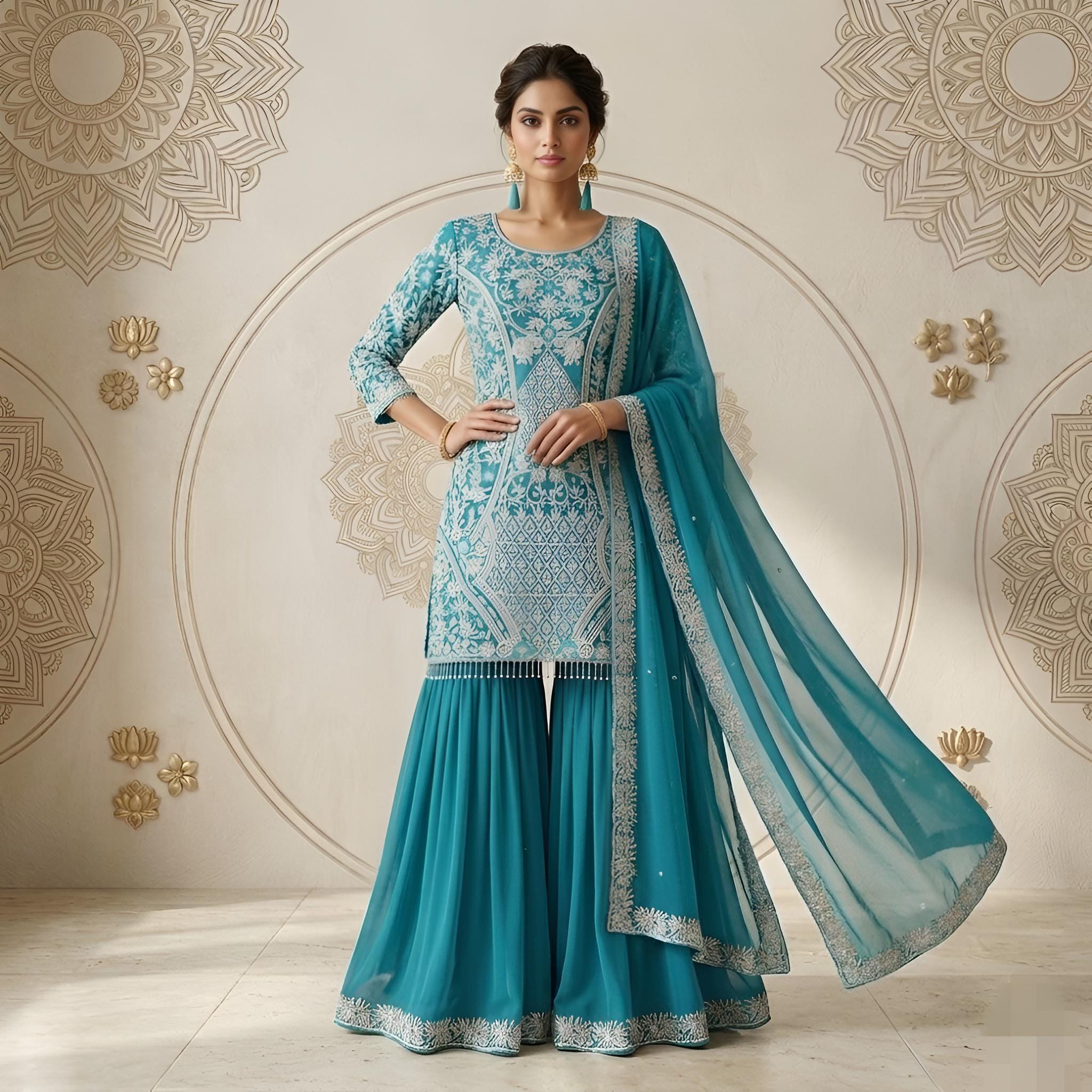aqua blue dress for wedding pakistani N252-002-3CX – Stitched Aqua Formal Suit with Raw Silk Trousers main image 0