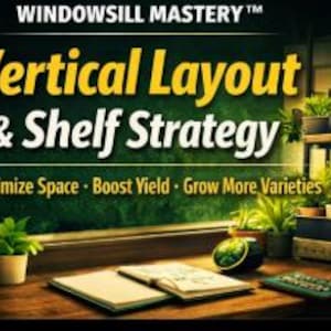 May include: A wooden desk displays an open notebook, a calculator, and a small potted plant. The text "WINDOWSILL MASTERY" and "Vertical Layout & Shelf Strategy" are at the top. The text "Maximize Space • Boost Yield • Grow More Varieties" is below.