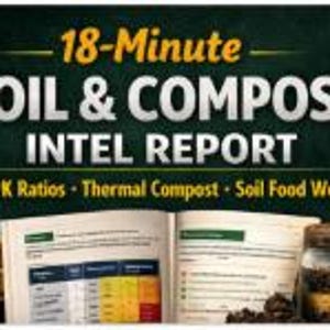 May include: An open book with charts and text sits next to a glass jar filled with layers of soil and compost. The image also includes the text "18-Minute SOIL & COMPOST INTEL REPORT" with details on NPK Ratios, Thermal Compost, and Soil Food Web.
