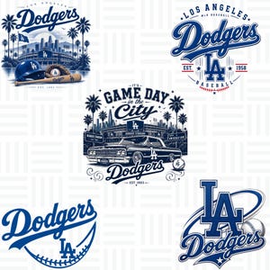 Puede incluir: Una colección de cinco diseños gráficos de los Los Angeles Dodgers que presentan el nombre del equipo, el logotipo LA, equipo de béisbol, un estadio y un coche clásico. Las ilustraciones usan una paleta de azul y blanco con texto como Dodgers, LA y Est. 1883.