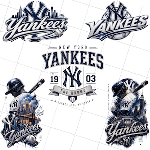 May include: A collection of New York Yankees baseball graphics featuring the team logo, the text 'Yankees', 'New York', 'Est. 1903', 'The Bronx', and 'A legacy like no other'. Designs include a baseball player, city skylines, and a baseball.