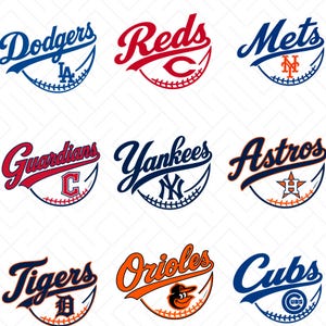 Può includere: Una collezione di nove loghi di squadre della Major League Baseball disposti in una griglia. Ogni logo presenta il nome della squadra in corsivo sopra una grafica di una palla da baseball contenente l'insegna specifica, inclusi Dodgers, Reds, Mets, Guardians, Yankees, Astros, Tigers, Orioles e Cubs.