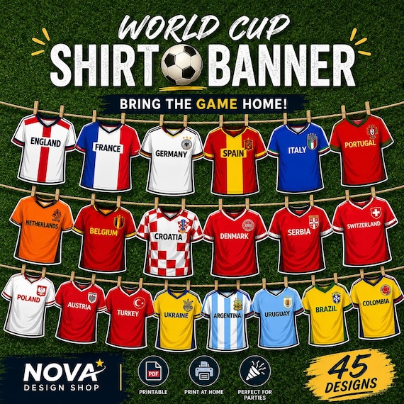Printable World Cup Soccer Jerseys | Flag Garland with 45 Qualified Nations Digital Download, Soccer Worldcup PNG