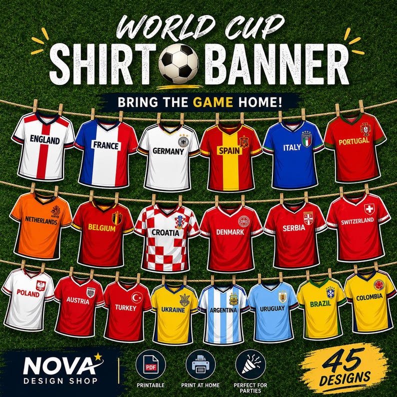 Printable World Cup Soccer Jerseys | Flag Garland with 45 Qualified Nations Digital Download, Soccer Worldcup PNG