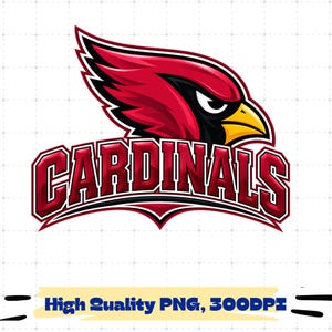 May include: A graphic logo featuring a stylised red cardinal bird head with a yellow beak and black accents, positioned above the word CARDINALS in bold, red, block-style lettering with a dark outline, set against a white grid background.