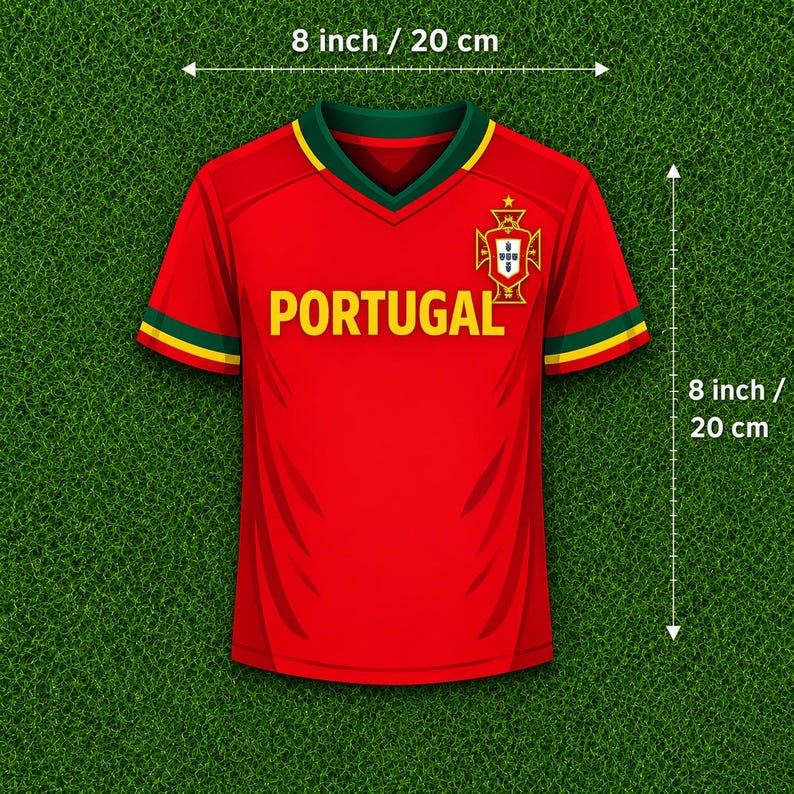 K&ouml;nnte beinhalten: Ein rotes Kurzarmtrikot mit V-Ausschnitt, gelbem Schriftzug PORTUGAL und einem Wappen auf der Brust. Die &Auml;rmel haben gr&uuml;ne und gelbe Abschl&uuml;sse. Das Trikot misst 20 cm in der Breite und 20 cm in der H&ouml;he, wie durch die Markierungen angezeigt.