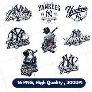 Puede incluir: Una colección de siete diseños gráficos de béisbol de los New York Yankees con el logotipo del equipo, pelotas, bates e imágenes del horizonte de la ciudad en azul marino y blanco. El texto inferior dice 16 PNG, High Quality, 300DPI.