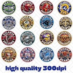 May include: A collection of sixteen circular National Football League team logos, each featuring team-specific colors, mascots, and city names. The designs include the Seahawks, Cardinals, Buccaneers, Rams, Cowboys, Packers, Panthers, Saints, Falcons, Eagles, Vikings, Commanders, 49ers, Giants, Lions, and Bears, with the text high quality 300dpi at the bottom.