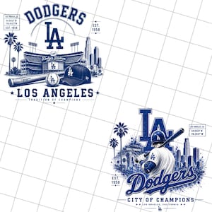 Può includere: Due design grafici a tema baseball dei Los Angeles Dodgers. Il primo mostra il Dodger Stadium, una mazza, una palla e un berretto con il testo Dodgers, LA, Los Angeles, Tradition of Champions. Il secondo mostra un giocatore e lo skyline.