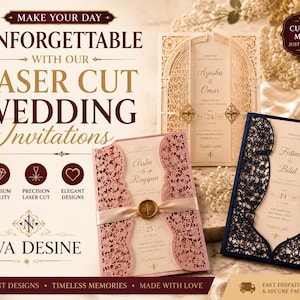 Peut inclure: Invitations de mariage découpées au laser, présentées dans divers modèles et couleurs. L'image montre des exemples avec des motifs complexes, dont une invitation rose et dorée avec un ruban et un sceau, et une invitation bleu marine. Le texte comprend "Make Your Day Unforgettable".