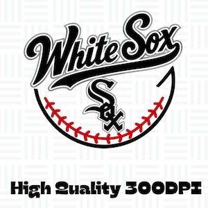 Könnte beinhalten: Ein grafisches Logo mit dem Text White Sox in einer schwarzen Schreibschrift mit weißer Umrandung, platziert über einem stilisierten Baseball-Symbol mit roten Nähten und einem schwarzen SOX-Monogramm. Der Text High Quality 300DPI steht unten.