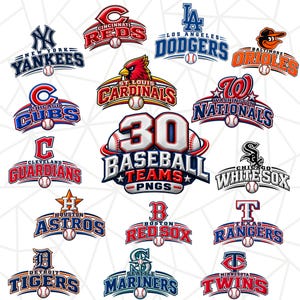 Peut inclure: Une collection de 30 logos d'équipes de baseball représentant diverses franchises de la Major League Baseball, notamment les Yankees, Dodgers, Orioles, Cardinals, Nationals, Cubs, Guardians, White Sox, Astros, Red Sox, Rangers, Tigers, Mariners et Twins.