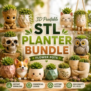 May include: A collection of 3D printable STL planter files featuring various designs including a tree-like figure, a skull, a corgi, a cat, an owl, geometric shapes, and human-like faces, all holding small green succulent plants.