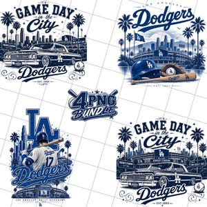 Pode incluir: Uma coleção de quatro designs gráficos em azul e branco com temas de basebol dos Los Angeles Dodgers, incluindo um carro antigo, um estádio, um jogador, um capacete, um taco, uma luva e texto como Game Day in the City e 4 PNG Bundle.
