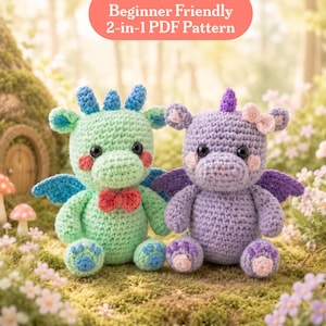 May include: Two crocheted dragon toys, one green with blue accents and a red bow tie, the other purple with pink accents. The toys are sitting in a whimsical outdoor setting with flowers and mushrooms. Text at the top reads "Beginner Friendly 2-in-1 PDF Pattern."