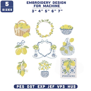 May include: Embroidery design set featuring lemon-themed motifs. Designs include a basket of lemons, a lemon wreath, a bowl of lemons, a lemon branch, a frame with lemons, a lemon-filled net bag, a potted lemon tree, and a Positano stamp. Sizes: 3", 4", 5", 6", 7".