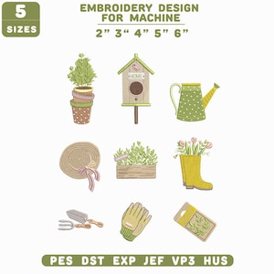 Peut inclure: Un ensemble de motifs de broderie numérique sur le thème du jardin comprenant des plantes en pot, un nichoir marqué HOME, un arrosoir, un chapeau de soleil, une jardinière, des bottes jaunes avec des fleurs, des outils, des gants et un sachet.