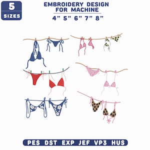 Peut inclure: Un motif de broderie pour machine représentant différents hauts et bas de bikinis bleus, rouges, roses et à imprimé léopard. Le design comprend des tailles de 10,16 cm à 20,32 cm et le texte "EMBROIDERY DESIGN FOR MACHINE".