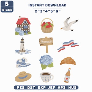 May include: A digital embroidery design set featuring twelve icons including a half-timbered house, a basket of apples, a seagull, a lighthouse, a wooden sign reading Normandie, a French flag ribbon, a wave, hydrangea, a croissant, a hat, a cup, and cider.