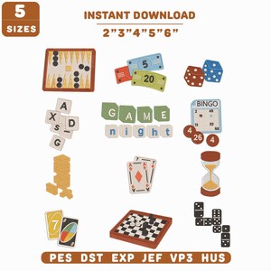 May include: A digital embroidery design set featuring game-themed icons including a backgammon board, play money, dice, letter tiles spelling "GAME NIGHT", a bingo card, wooden blocks, playing cards, an hourglass, and dominoes in 2" to 6" sizes.