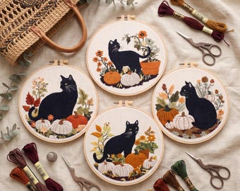 Broderikit med Halloween-katt och pumpa-landskap för nybörjare, DIY-startkit med båge, handbroderipresent för vuxna