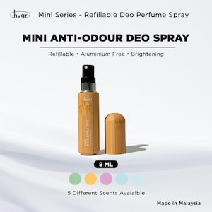 Könnte beinhalten: Eine nachfüllbare Mini Anti-Geruchs-Deo-Spray-Flasche im Bambus-Stil mit schwarzem Sprühkopf und passendem Deckel. Die Flasche ist mit dem Text "MINI ANTI-ODOUR DEO SPRAY" und "Refillable Aluminium Free Brightening" beschriftet. Die Flasche enthält 8 ml Produkt.