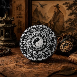 Puede incluir: Un quemador de incienso Yin Yang negro y plateado con intrincados patrones arremolinados. El quemador presenta un símbolo Yin Yang central y está rodeado de elementos decorativos. La imagen tiene un tema espiritual y cultural.