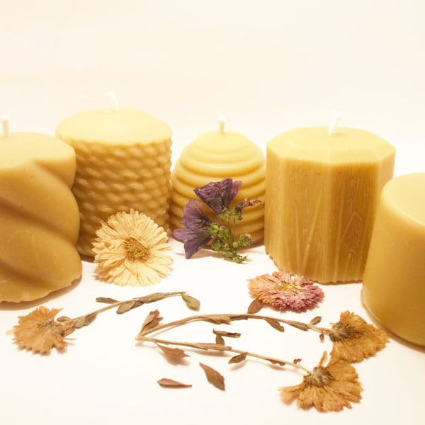 Beeswax Candles - Set of 5 Mini Pillars (EACH BURNS For 20 HOURS)