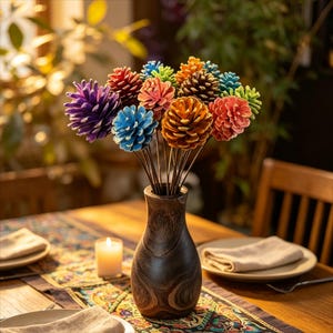 May include: A dark brown wooden vase containing a bouquet of multi-coloured pinecones. The pinecones are painted in vibrant shades of purple, blue, orange, pink, and green, each attached to a thin stem, creating a colourful floral-like arrangement.
