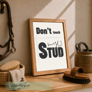 Könnte beinhalten: Ein gerahmter Druck mit dem Text "Don't touch my STUD". Der Druck befindet sich auf einem Regal mit einer Pferdebürste, einem Lederhalfter und einem Keramiktopf. Das Thema ist Reitsport.