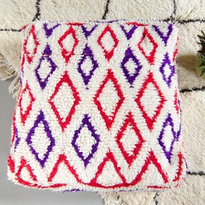 Vintage Red Purple Diamond Moroccan Boujad Boujaad Pouf Wool Footrest Pillowcase Ottoman Floor Pillow Floor Cushion Pouffe Dog Bed