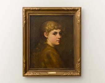 Antique Portrait of a Girl  Framed Signed Artist Florence Dow Original Oil Painting - 1880's