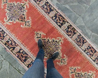 Vintage 3’11” x 10’6” Rug Aksaray Rust Navy Geometric Medallion Wool Hand-Knotted Runner 1980s - FREE DOMESTIC SHIPPING