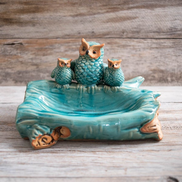 Vintage Ceramic Teal Blue Owl Trio Perched on a Log Trinket Dish 1960s - Mid Century