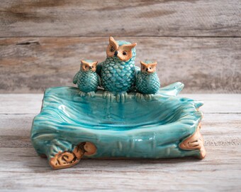 Vintage Ceramic Teal Blue Owl Trio Perched on a Log Trinket Dish 1960s - Mid Century