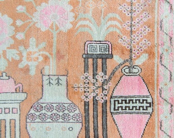 Antique 5’5.5” x 8’10” Samarkand Rug Khotan Floral Botanical Vases Mint Orange Hand Knotted Area Rug - FREE DOMESTIC SHIPPING